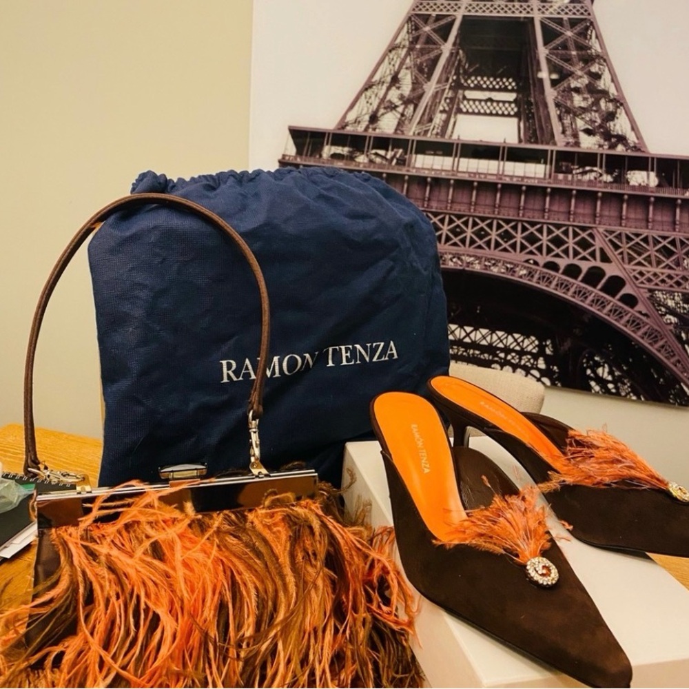 Ramon Tenza Brown and Orange Feathered Mules and Bag Set